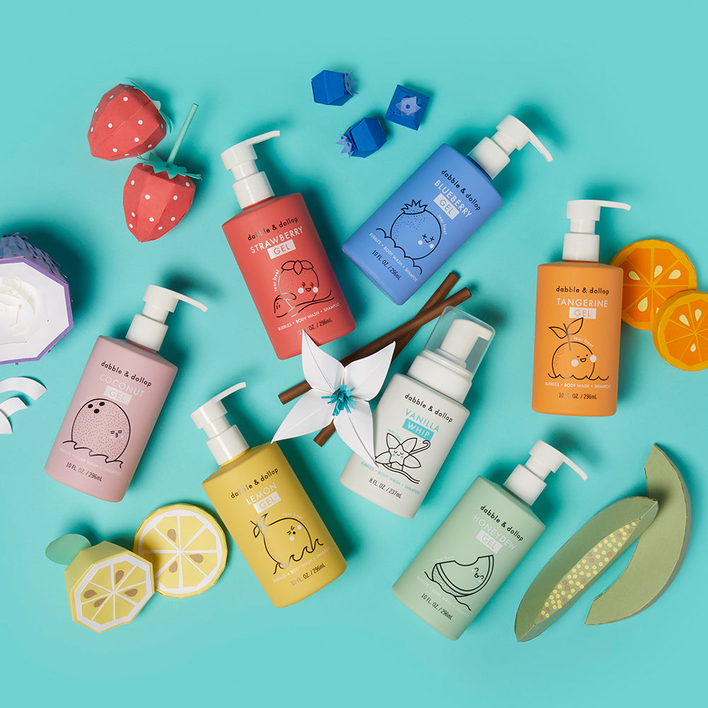 Assortment of Dabble & Dollop's all natural origin kids bath care products