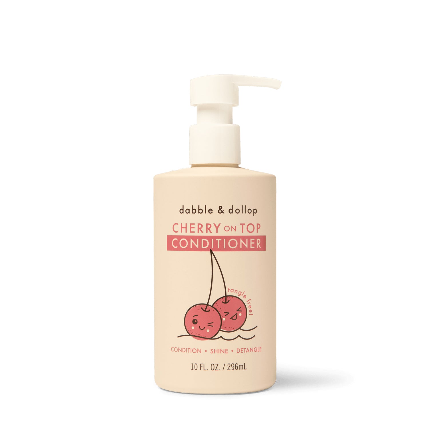 A beige 10 fl oz bottle labeled Dabble & Dollop Cherry on Top Hair Conditioner features two smiling cherries. This kids conditioner delivers a cherry scent and emphasizes Condition • Shine • Detangle.