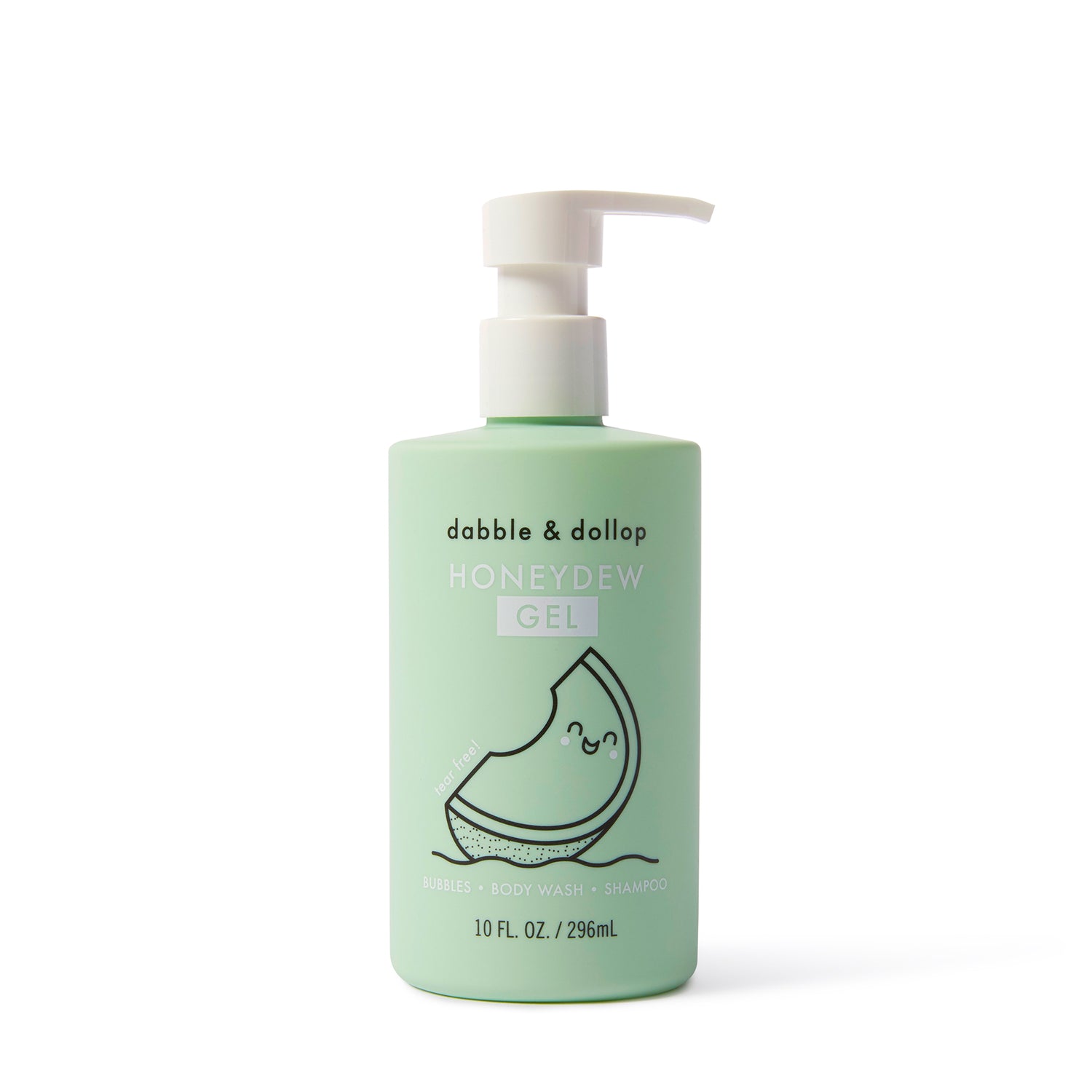 A light green pump bottle labeled Dabble & Dollop Honeydew Bubble Bath, Body Wash & Shampoo features a smiling honeydew melon. This plant-based formula is gentle on sensitive skin and works as bubbles, body wash, and shampoo (10 fl oz/296 mL).