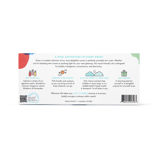 The image features the back of Dabble & Dollops Just a Dabble Minis Set packaging, highlighting its travel-friendly nature with mini sizes, a variety of scents, and gift readiness against a white background with colorful accents.