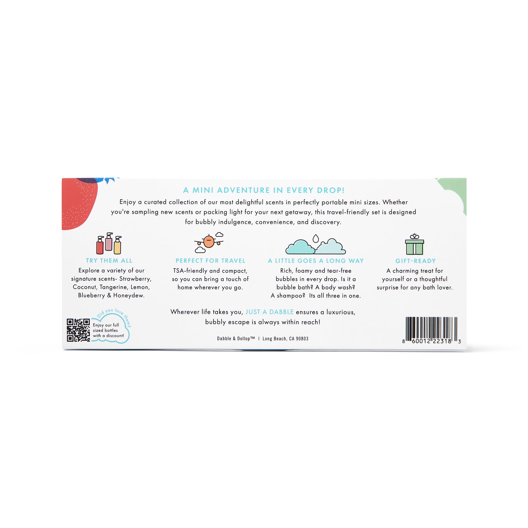 The image features the back of Dabble & Dollops Just a Dabble Minis Set packaging, highlighting its travel-friendly nature with mini sizes, a variety of scents, and gift readiness against a white background with colorful accents.