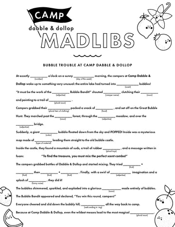 Camp Dabble & Dollop mad libs activity sheet