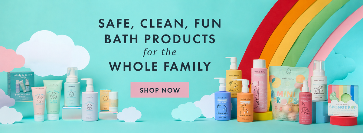 Dabble & Dollop baby and kids bath products displayed with colorful rainbows and clouds. Safe, clean, fun bath products for the whole family. Shop now.