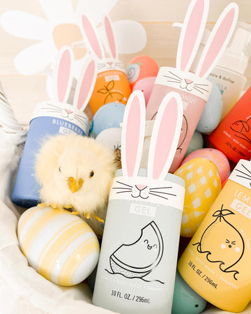 Collection of bath products with bunny ears packaging for Easter