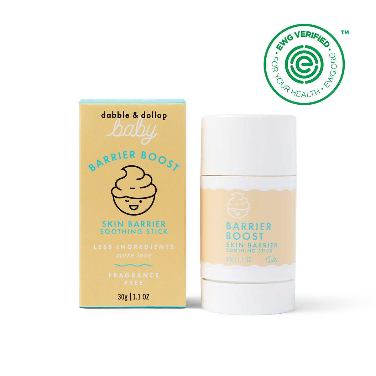 A yellow and blue Dabble & Dollop Barrier Boost Skin Barrier Soothing Stick box stands by the matching soothing stick. Both feature a swirl graphic, “fragrance free,” and an EWG VERIFIED seal in the top right corner.