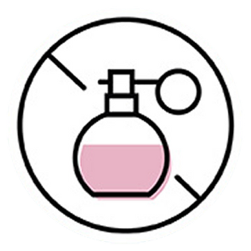 Icon of a perfume bottle with a pink label inside a circle with a line through it, indicating fragrance free products