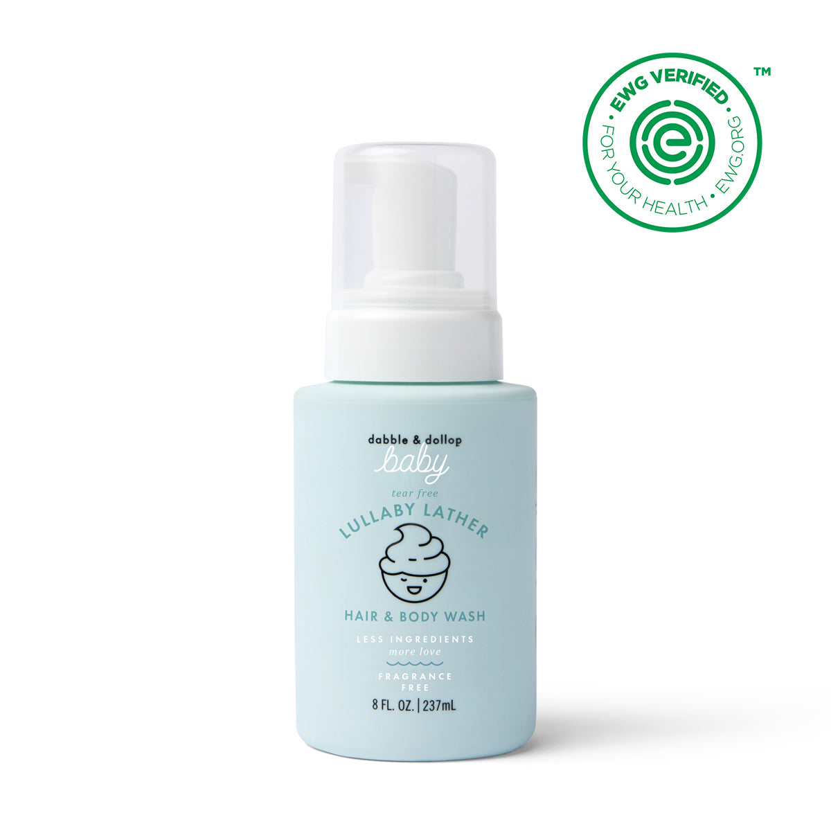 A light blue 8 fl oz bottle of Dabble & Dollop Lullaby Lather™ Hair & Body Wash with a pump top, labeled fragrance-free and gentle for babies. The EWG Verified logo is in the top right corner.