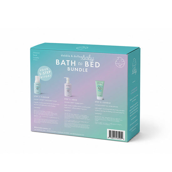 A pastel-colored box labeled Baby Bath to Bed Gift Set by Dabble & Dollop contains three baby bath products arranged in steps: Cleanse, Soak, and Cuddle. Specially designed as a baby bath gift set, the packaging showcases product images, clear instructions, and playful baby-themed illustrations. Ideal for sensitive baby skin, each item is crafted with gentle ingredients for a nourishing and safe routine.