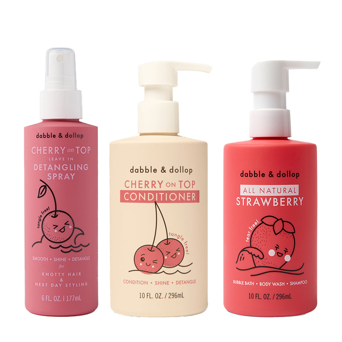Three bottles of Dabble & Dollop Detangler and Conditioner feature playful cherry and strawberry designs, including a detangling spray, conditioner, and an all-natural strawberry body wash and shampoo.