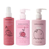 Three bottles of Dabble & Dollop's Detangler and Conditioner with playful fruit-themed labels, including Cherry on Top Detangling Spray, Cherry on Top Conditioner, and Coconut Gel.