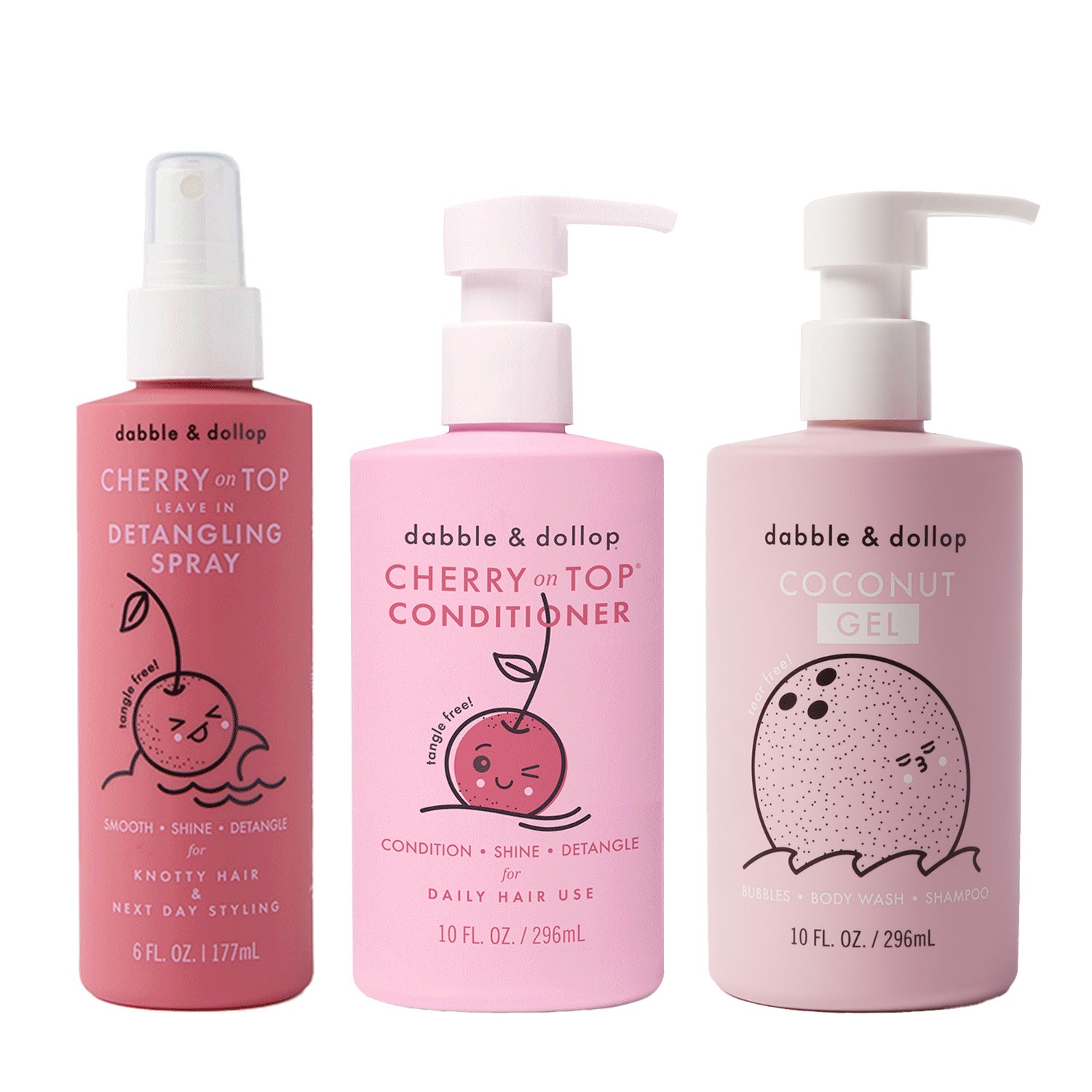 Three bottles of Dabble & Dollop's Detangler and Conditioner with playful fruit-themed labels, including Cherry on Top Detangling Spray, Cherry on Top Conditioner, and Coconut Gel.