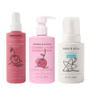Dabble & Dollop offers Detangler and Conditioner with cherry illustrations (pink bottles) and Vanilla Whip Shampoo with a vanilla flower design (white bottle).