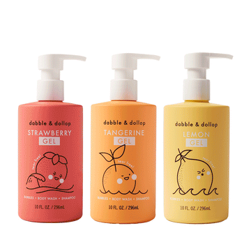 The Dabble & Dollop Build Your Own Bath Bundle features three colorful pump bottles in three scents of your choice for bubbles, body wash, and shampoo.