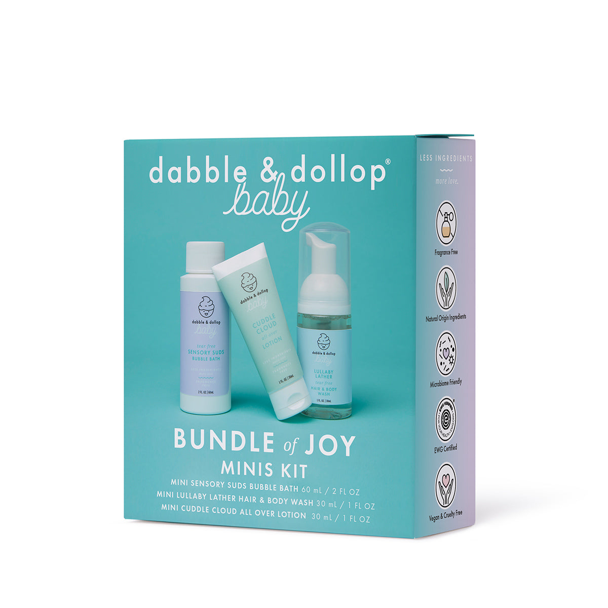 The Dabble & Dollop Bundle of Joy Minis Kit is shown in a turquoise box with three travel-size baby care products: bubble bath, wash, and lotion. The packaging highlights gentle, fragrance-free formulas.