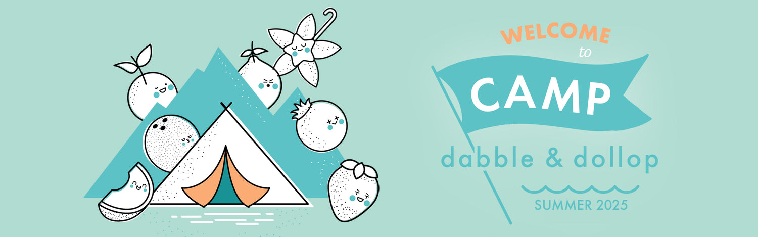 Welcome to Camp Dabble & Dollop banner with a tent and fruit characters