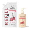 Two Dabble & Dollop Cherry on Top Conditioner products—a 24 fl oz white refill pouch with cartoon cherries, and a 10 fl oz pump bottle with an orange label and matching design.