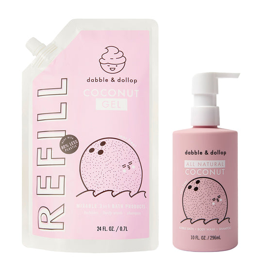 Two pink Dabble & Dollop Coconut Refill containers—a large eco-friendly pouch and a smaller pump bottle—both feature a cute coconut print and are perfect all-natural body wash options for kids.