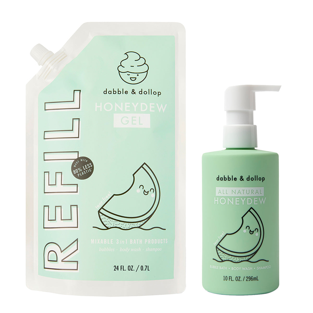 Two pale green Dabble & Dollop Honeydew Refill pouches, with eco-friendly packaging and a cheerful honeydew cartoon, offer a gentle 3-in-1 gel for use as shampoo, body wash, or bubble bath.