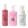 Three pastel Dabble & Dollop bottles—Detangler and Conditioner with playful fruit designs, plus All Natural Vanilla Whip Bubble Bath—make bath time fun for kids.
