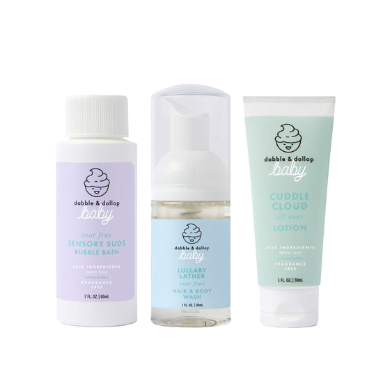 The Dabble & Dollop Bundle of Joy Minis Kit features three gentle, fragrance-free baby essentials—perfect for a complete baby care routine.