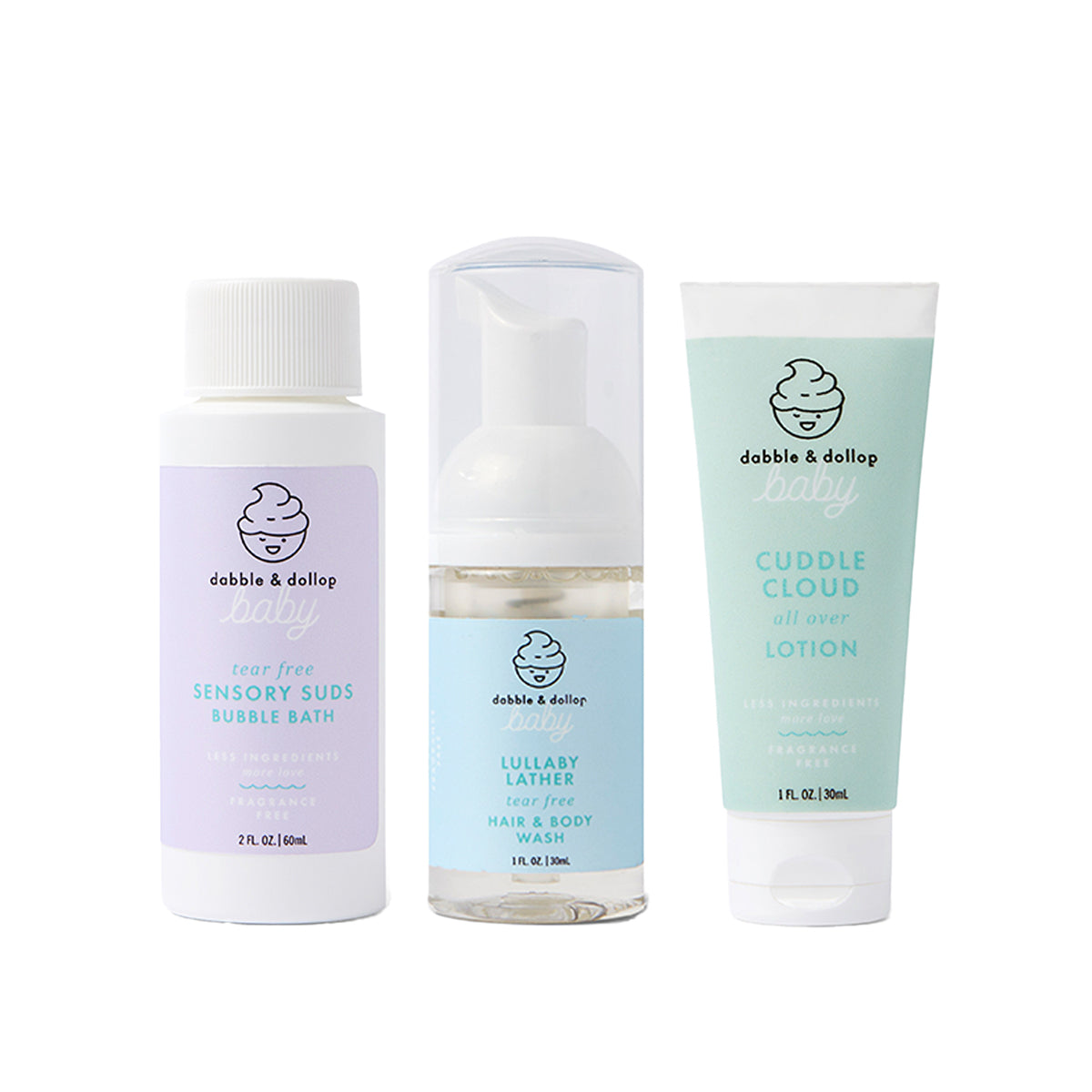 The Dabble & Dollop Bundle of Joy Minis Kit features three gentle, fragrance-free baby essentials—perfect for a complete baby care routine.