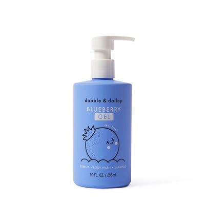 A blue bottle of Dabble & Dollop Blueberry Bubble Bath, Body Wash & Shampoo with a white pump. The label shows an illustrated blueberry and highlights this tear-free, all-natural 3-in-1 formula.