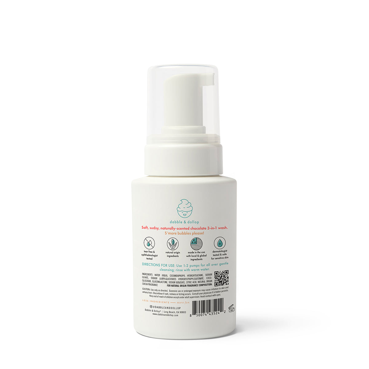 The S'more Bath Set by Dabble & Dollop features a white pump bottle of foaming baby wash with a minimalist, eco-friendly label; safety icons and usage directions are included, making it perfect for any kids’ bath collection.