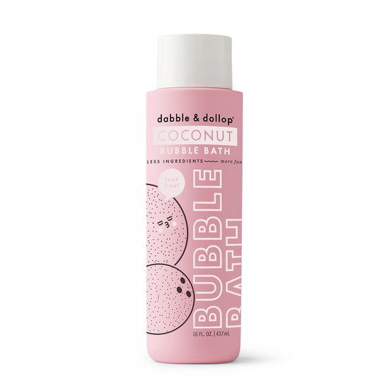 A 16 fl oz (473 ml) pink bottle of Dabble & Dollop Coconut Bubble Bath, decorated with playful coconut illustrations, highlights its gentle, tear-free formula for sensitive skin—made with fewer ingredients for extra fun.
