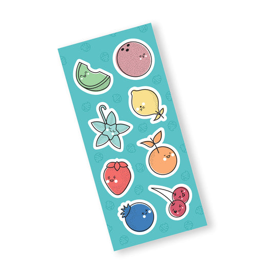 The Dabble & Dollop Sticker Sheet features cheerful, smiling fruit characters—like cuddling cherries, honeydew melon, and coconut—on a vibrant teal background.