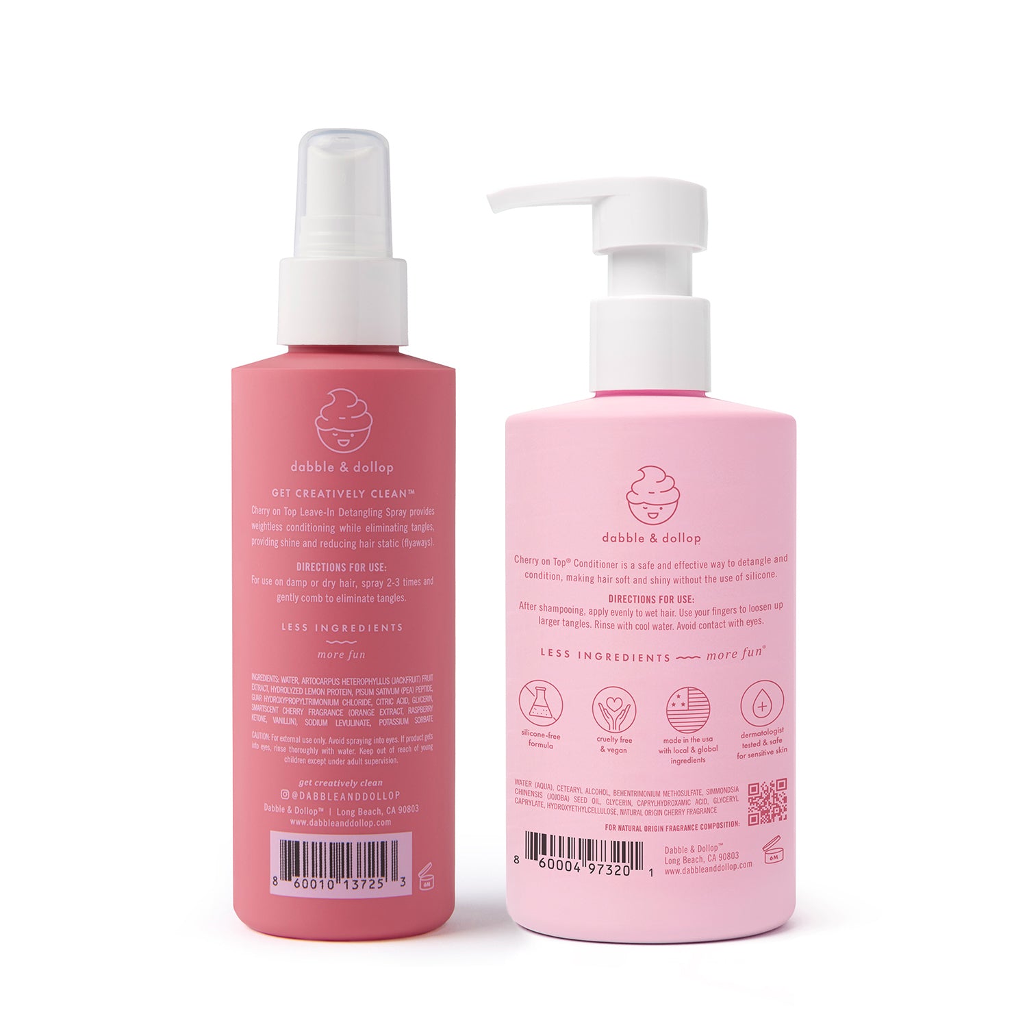 Two Dabble & Dollop Cherry on Top® Detangling Duo Bundle bottles—Detangling Spray and Pump Conditioner—stand side by side, featuring white text, icons, the brand’s logo, and product directions on their labels.