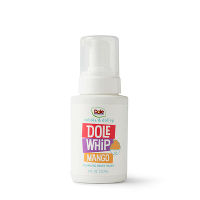 A white bottle of Dabble & Dollop Custom Bath Bundle Foaming Body Wash with a pump top, colorful text, and a swirl of whipped topping illustration on the label.