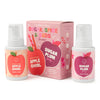 Two Dabble & Dollop Sugar, Spice & Suds Foaming Hand Wash bottles—featuring Cinnamon Apple Swirl and Sugar Plum Fairy scents made with natural origin fragrances—are displayed in front of a pink gift box adorned with matching fruit illustrations and the phrase “Sugar, Spice & Suds So nice!”, creating a charming seasonal gift set.