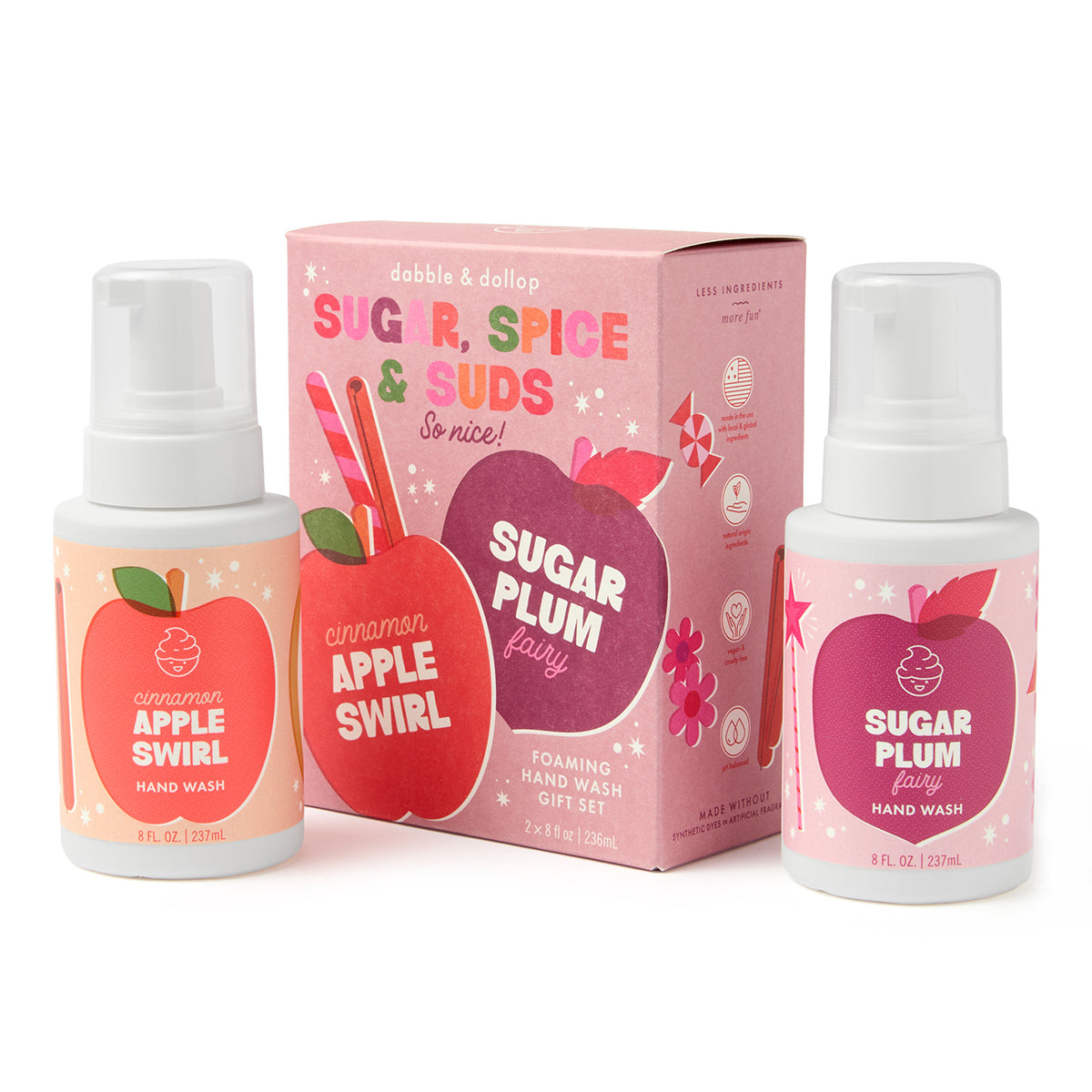 Two Dabble & Dollop Sugar, Spice & Suds Foaming Hand Wash bottles—featuring Cinnamon Apple Swirl and Sugar Plum Fairy scents made with natural origin fragrances—are displayed in front of a pink gift box adorned with matching fruit illustrations and the phrase “Sugar, Spice & Suds So nice!”, creating a charming seasonal gift set.