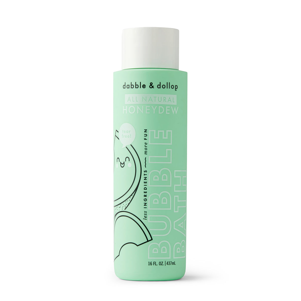 A mint green 16 fl oz (473 mL) bottle of Dabble & Dollop Honeydew Bubble Bath features playful art and bold text. This all-natural, tear-free formula is kid-friendly and gentle for use as a body wash or bubble bath.