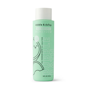 A mint green 16 fl oz (473 mL) bottle of Dabble & Dollop Honeydew Bubble Bath features playful art and bold text. This all-natural, tear-free formula is kid-friendly and gentle for use as a body wash or bubble bath.