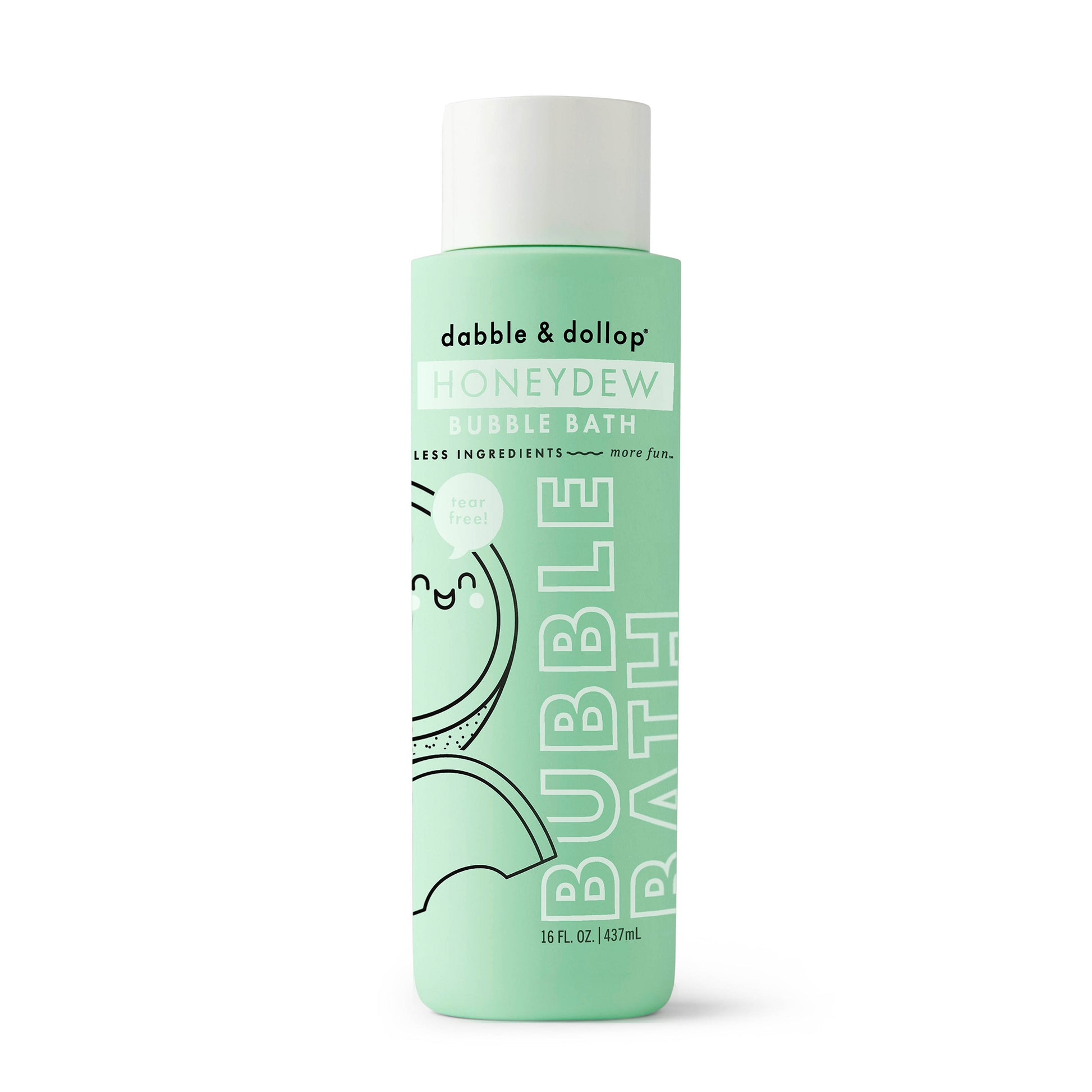 A 16 fl oz mint green bottle of Dabble & Dollop Honeydew Bubble Bath showcases playful fruit graphics and bold lettering. This tear-free formula is gentle on sensitive skin, ensuring a fun and worry-free bath time experience.
