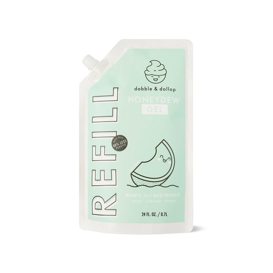The Honeydew Refill by Dabble & Dollop is a 24 fl. oz., eco-friendly 3-in-1 bath gel with cartoon honeydew art on mint-green packaging, using 90% less plastic. An ideal sustainable addition to your collection.