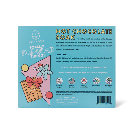 A light blue package labeled Totally Tub-ular Tidings Bubble Bath Set by Dabble & Dollop features whimsical illustrations. Icons highlight fun bath bombs, making it perfect for a holiday gift. Instructions are in white and yellow text.
