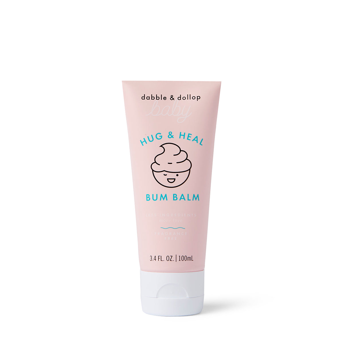 A pink tube of Dabble & Dollop Hug & Heal™ Bum Balm with a smiling swirl icon, zinc oxide for sensitive baby skin, and 3.4 fl. oz. (100 ml), shown on a white background.