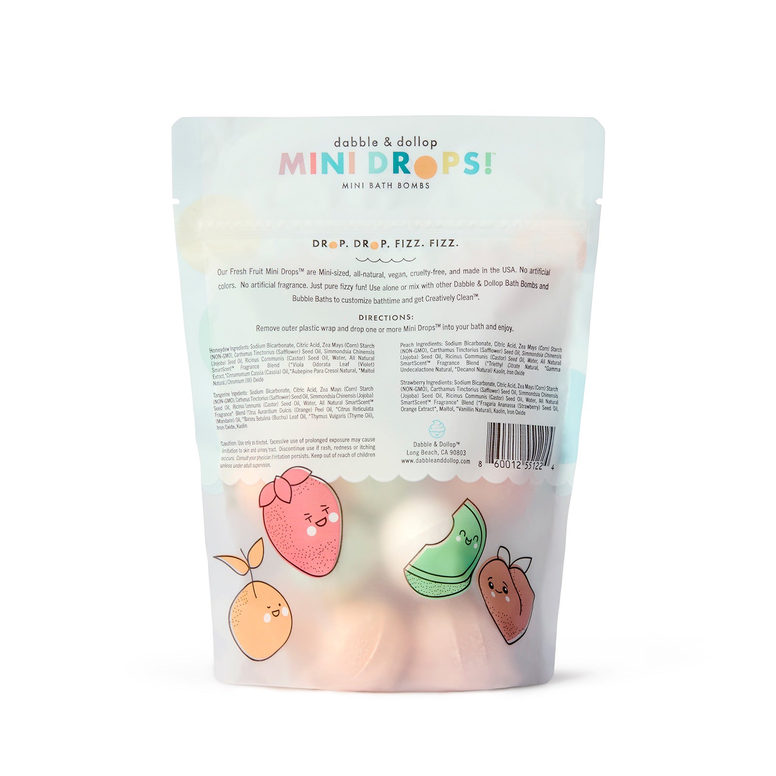 Fresh fruit mini bath bombs back of pouch