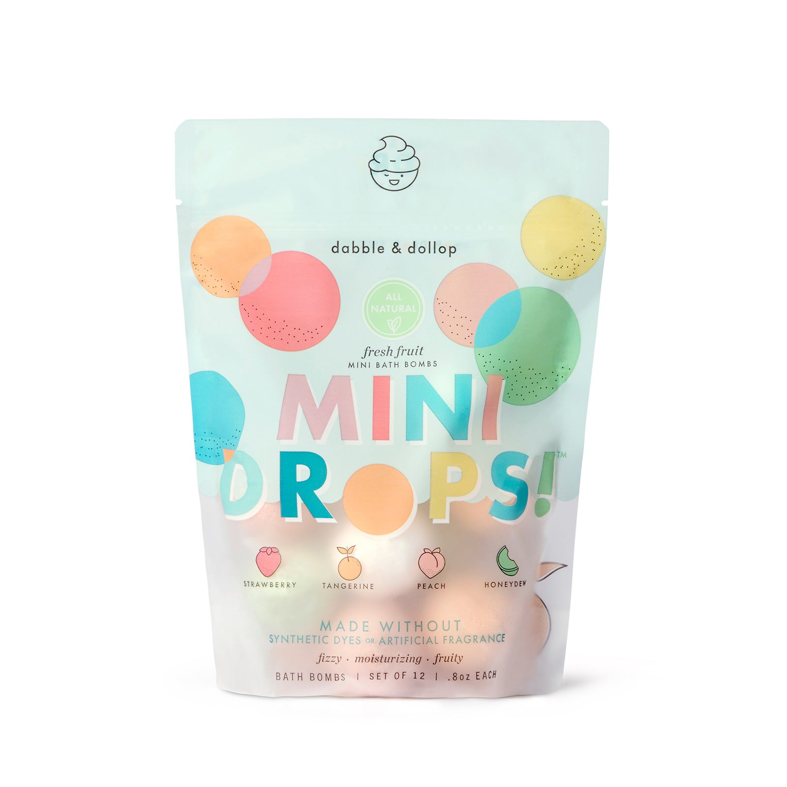 Fresh fruit mini bath bombs front of pouch