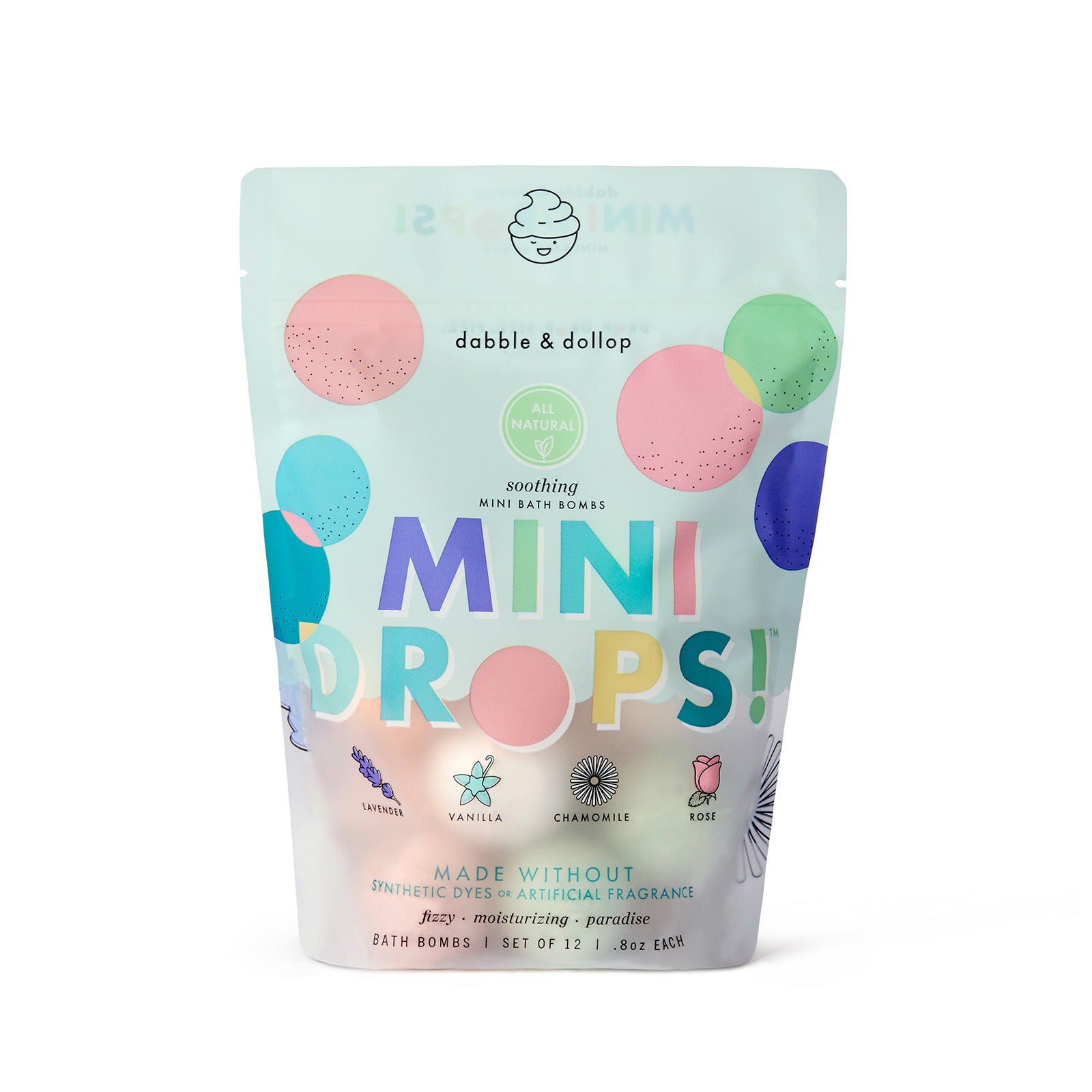 Soothing mini bath bombs front of pouch