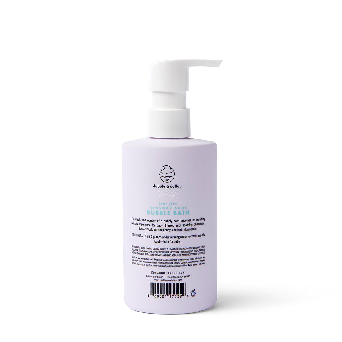 A lavender bottle of Dabble & Dollop Sensory Suds™ Bubble Bath with a white pump top stands upright against a white background, displaying product details and instructions on its label.