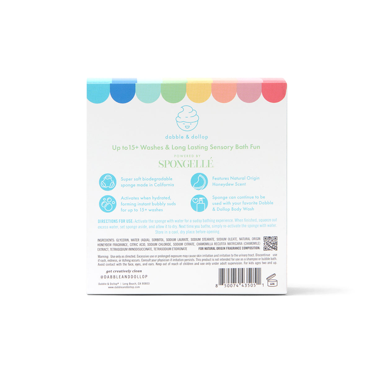 Back of a Dabble & Dollop Sponge Pop™ Sponge with Built-In Body Wash box featuring fun, natural ingredients, directions for use, colorful scallops, a cloud logo, and how this kids’ body wash doubles as the perfect sensory bath toy.