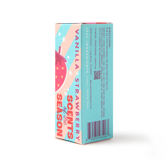 The Merry Fizzfest Mini Drops Stocking Stuffer by Dabble & Dollop comes in a vibrant pink, red, and blue box adorned with a strawberry illustration and playful text that reads “Vanilla + Strawberry Scents of the Season.” With directions and ingredients for the bath bombs printed on the side, this colorful packaging makes it an ideal holiday gift or stocking stuffer.