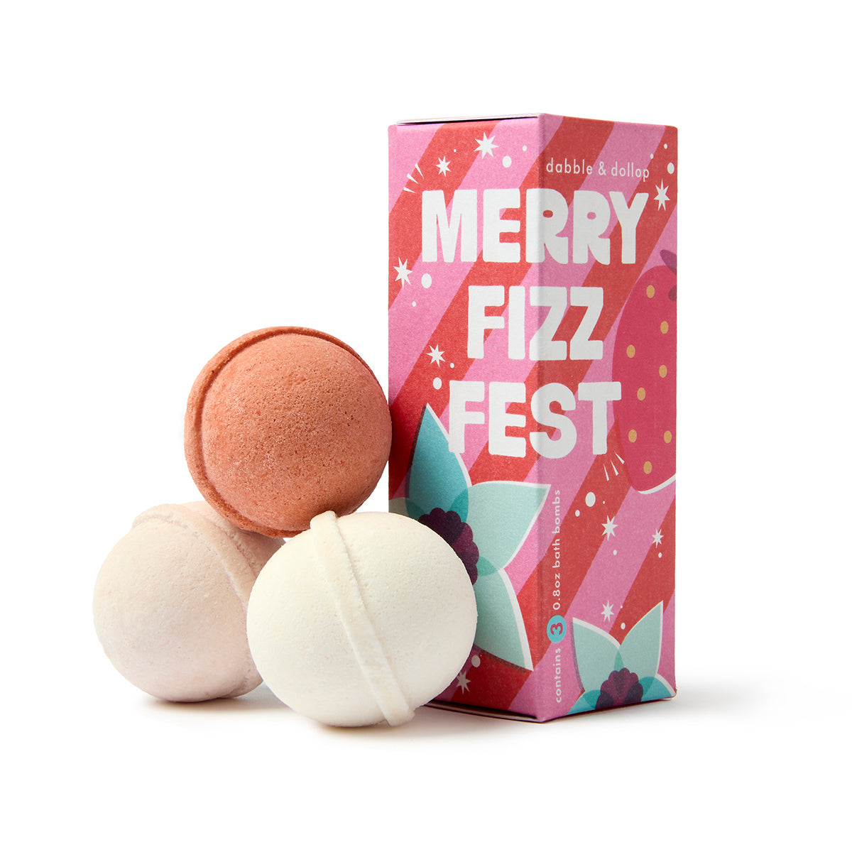 Three round bath bombs from Dabble & Dollop’s Merry Fizzfest Mini Drops Stocking Stuffer are displayed beside a vibrant, floral-adorned box—making it an ideal holiday gift or stocking stuffer.