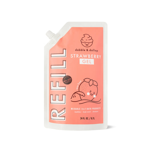 The Dabble & Dollop Strawberry Refill is a 24 fl oz eco-friendly pouch with pink packaging featuring a cute strawberry character. It’s a versatile mixable 3-in-1 product that serves as a bubble bath, body wash, and shampoo, ideal for refill purposes.