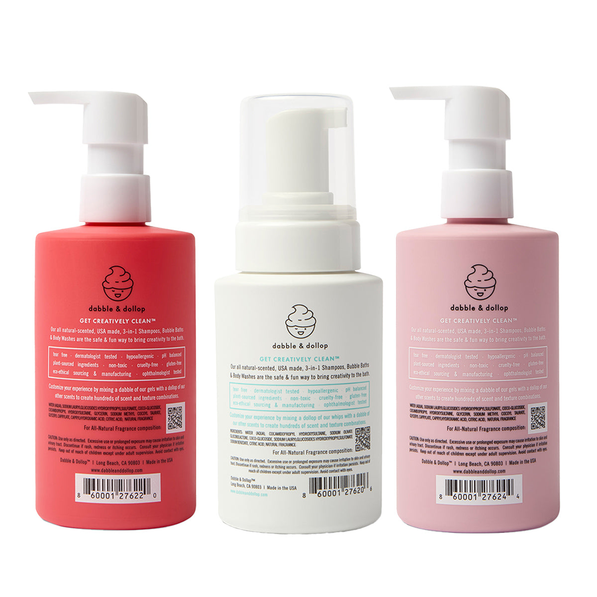 The Dabble & Dollop Sweetheart Bath Bundle features three kid-friendly bath bottles in pink, white, and light pink with pump dispensers—perfect for a Valentine’s Day bath gift.