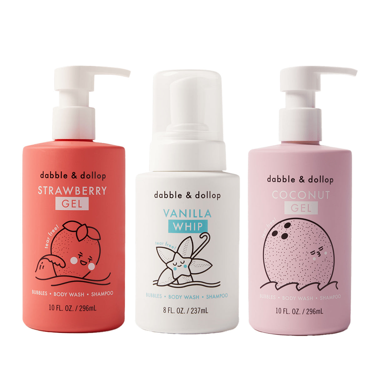 Dabble & Dollop’s Sweetheart Bath Bundle features three kid-friendly bottles—Strawberry Gel, Vanilla Whip, and Coconut Gel—each with a cute fruit character, making it a delightful Valentine’s Day bath gift.