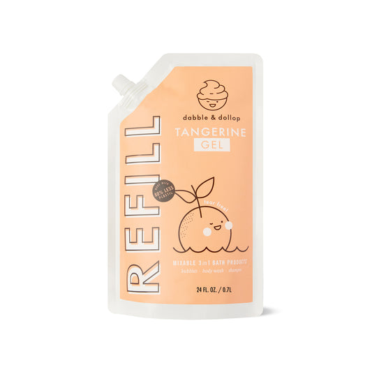 A 24 fl. oz. refillable pouch of Dabble & Dollop’s Tangerine Refill, an eco-friendly 3-in-1 foaming bath product, features a smiling tangerine and rests on a white background.